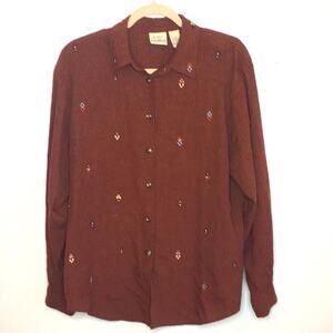 Vintage plaid long sleeve floral embroidered shoulder pad button down shirt sz M